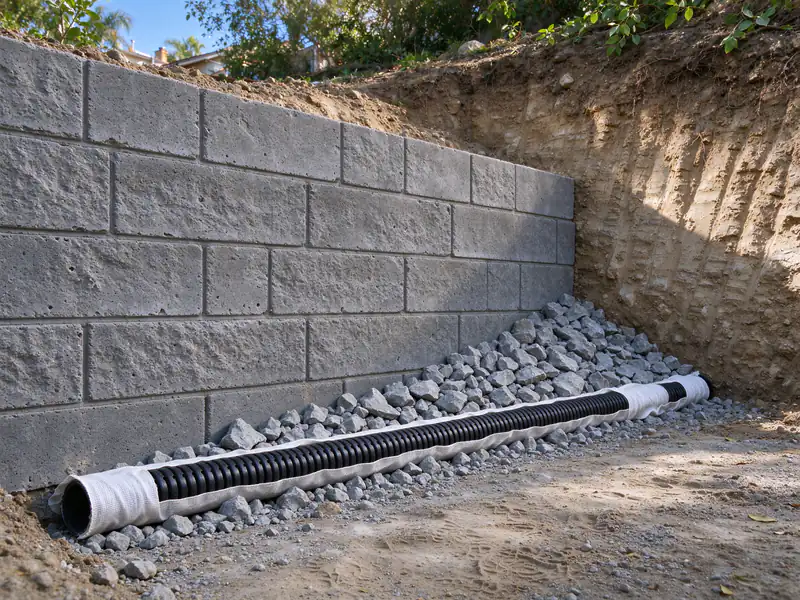Back of a block retaining wall with a perforated drain in a filter sock and gravel piled against the block