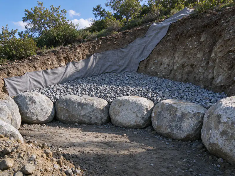 Base trench for a boulder wall with filter fabric laid against the cut slope and drain gravel behind the first stones