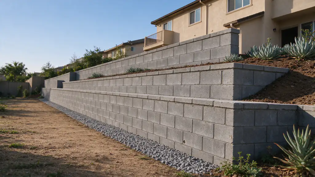 Block retaining wall with a gravel drain strip along a sloped side yard in Chula Vista