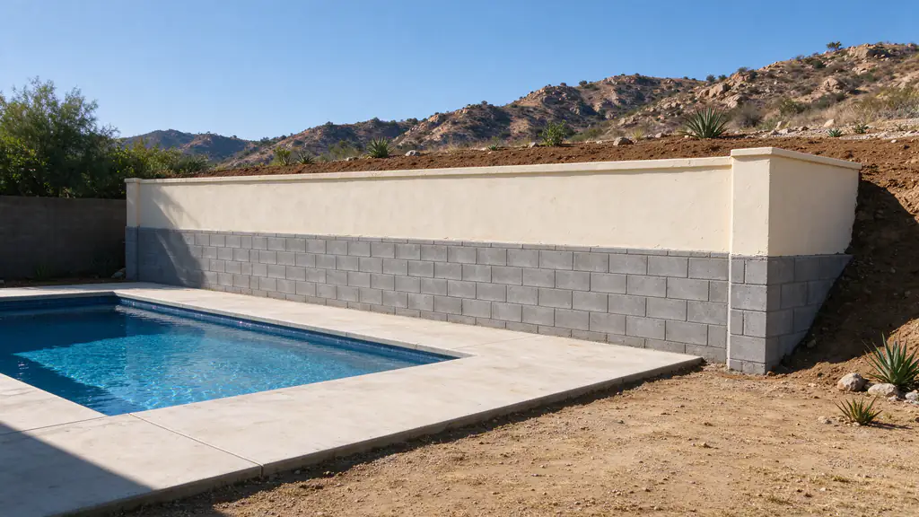 Block retaining wall with a stucco-finished upper face holding the slope beside a backyard pool on an El Cajon lot
