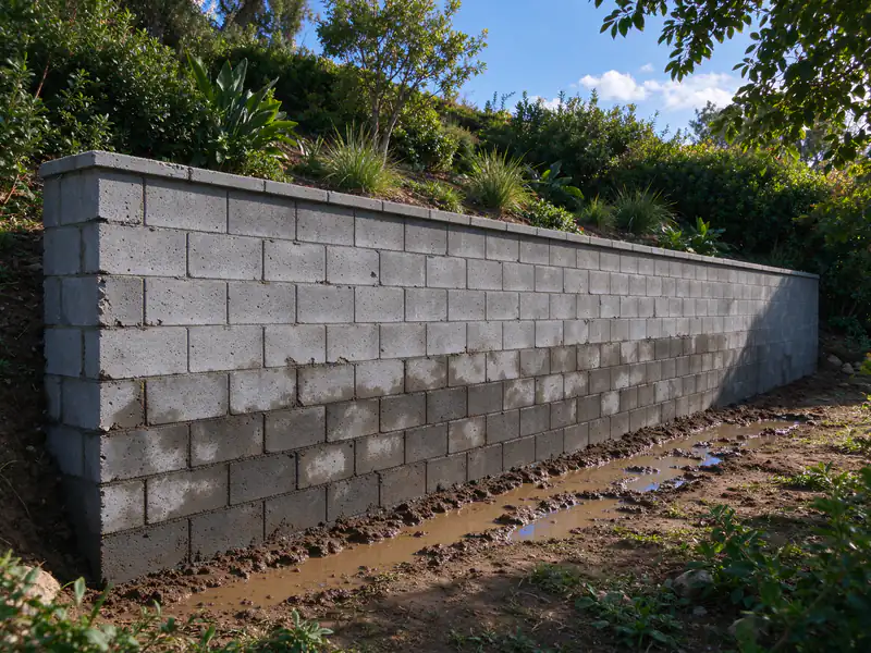 Block retaining wall with wet joints and a muddy strip along its base