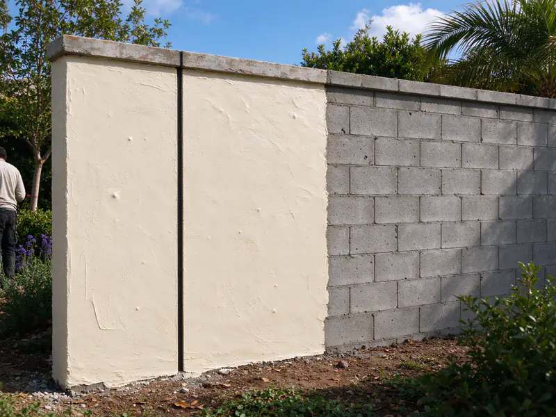 Block wall being finished with stucco, with a vertical control joint carried through the finish