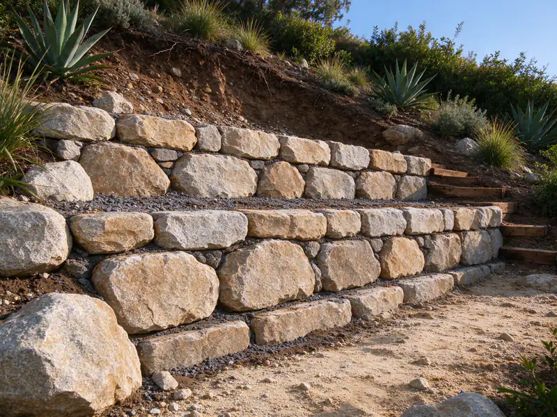 Boulder retaining wall stepping up a backyard slope, each course set back from the one below it