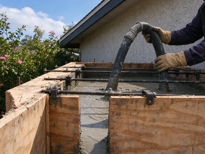 Concrete pump hose feeding a formed retaining wall stem behind a hillside house