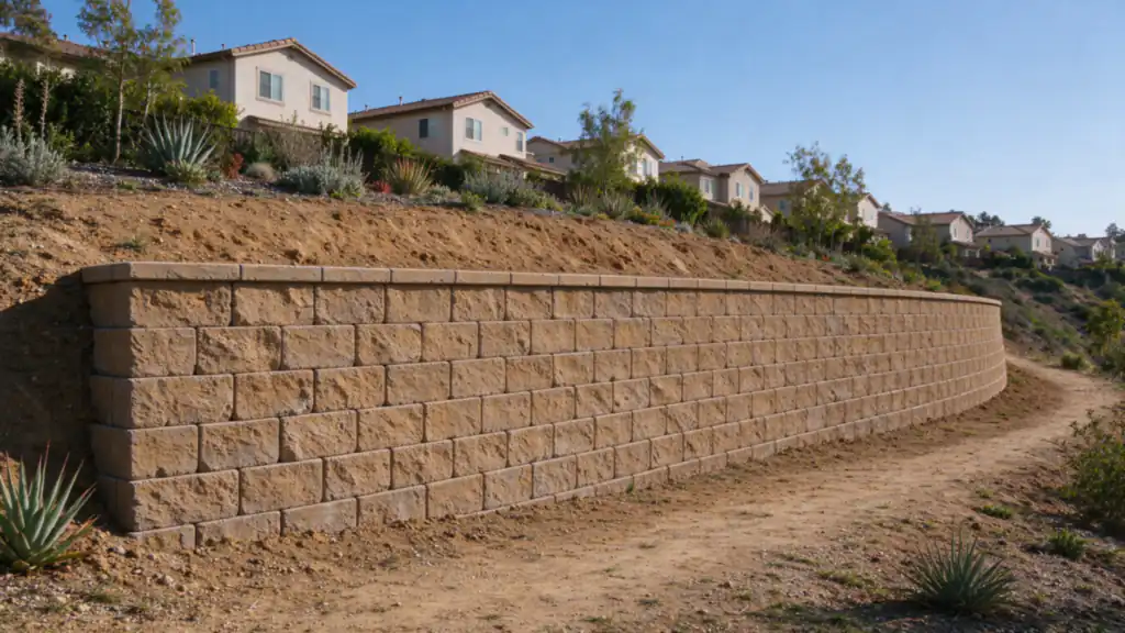 Curved segmental block retaining wall following a canyon-side slope below homes in Tierrasanta