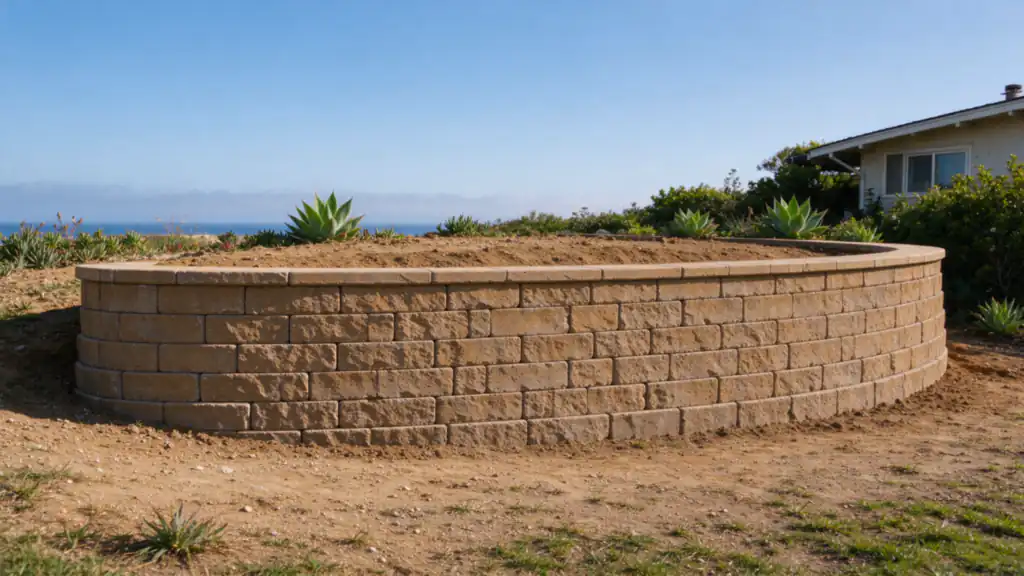 Curved segmental block retaining wall holding a slope planted with succulents beside a house in Encinitas, with ocean haze in the distance