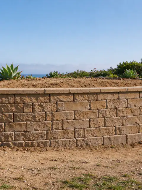 Curved segmental block retaining wall holding a slope planted with succulents beside a house in Encinitas, with ocean haze in the distance