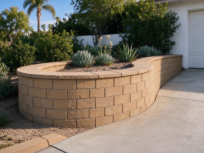 Curved segmental block retaining wall with a bonded cap course and a planted bed above it