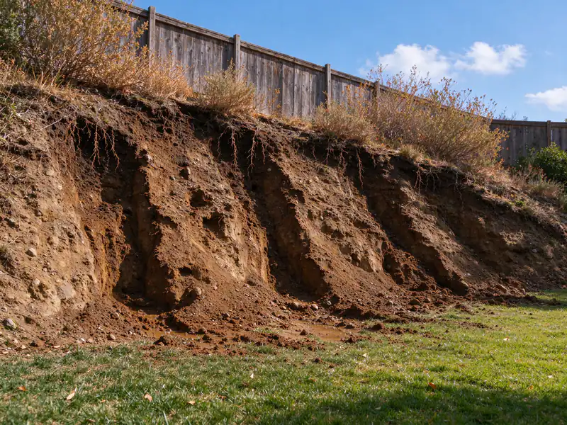 Eroded backyard slope with gullies cut by runoff and exposed roots