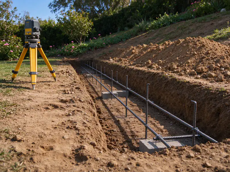 Excavated footing trench with tied rebar and a laser level on a tripod beside it