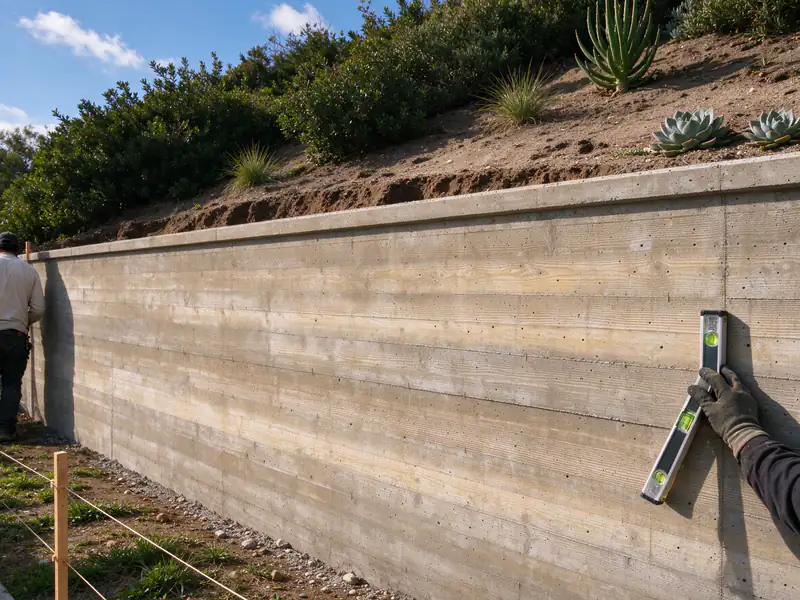 Finished board-formed concrete retaining wall holding a terraced slope with planting above