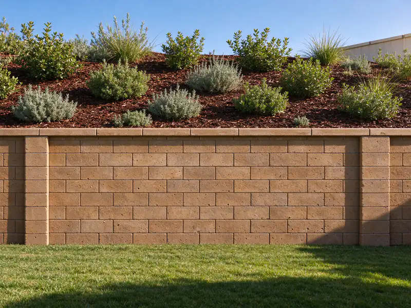 Finished replacement retaining wall in tan block with a smooth cap and a planted slope above it