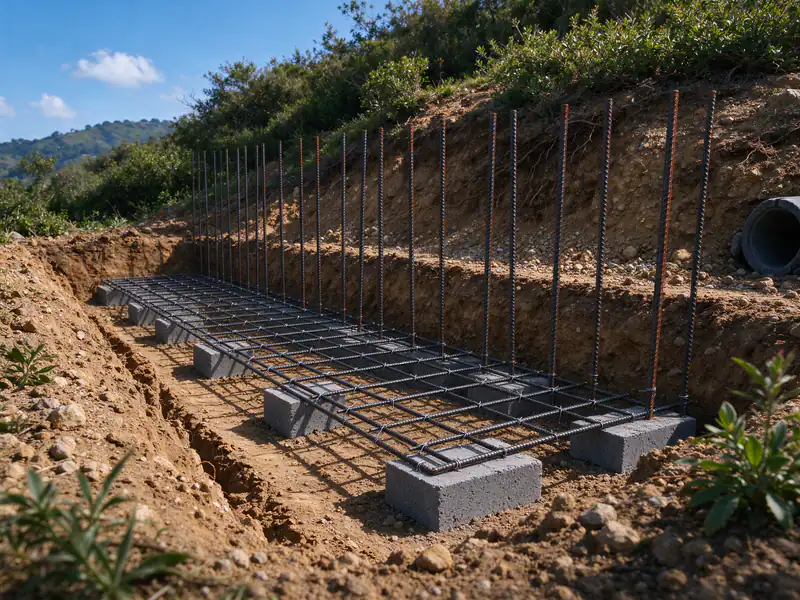 Footing trench for a concrete retaining wall with a grid of tied rebar and vertical bars standing up for the stem