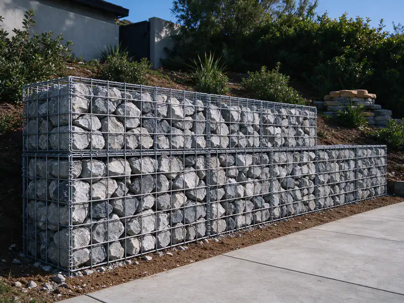Gabion retaining wall of wire baskets packed with gray rock along the toe of a slope