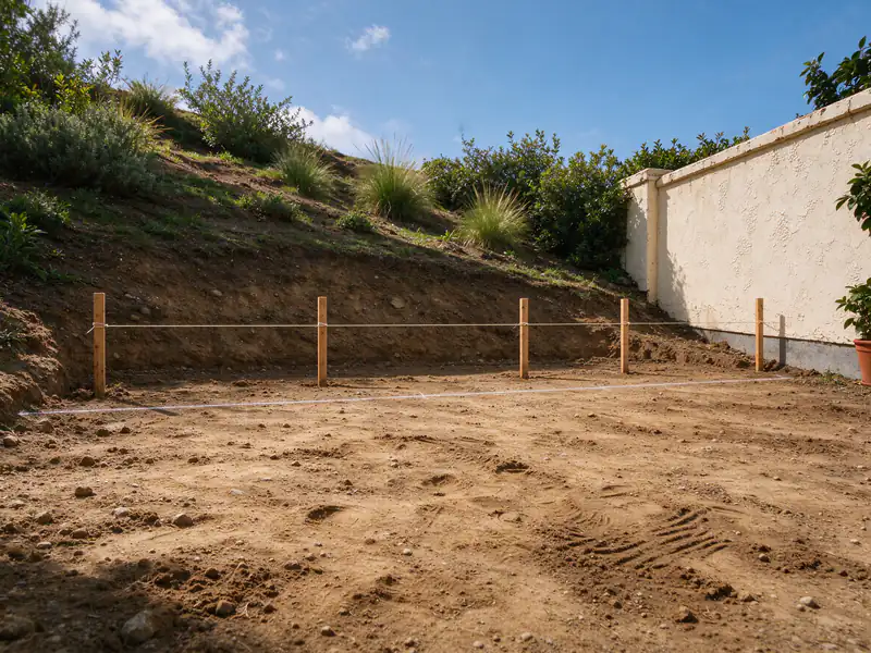 Grade stakes and string line marking a new retaining wall layout across the foot of a sloped backyard