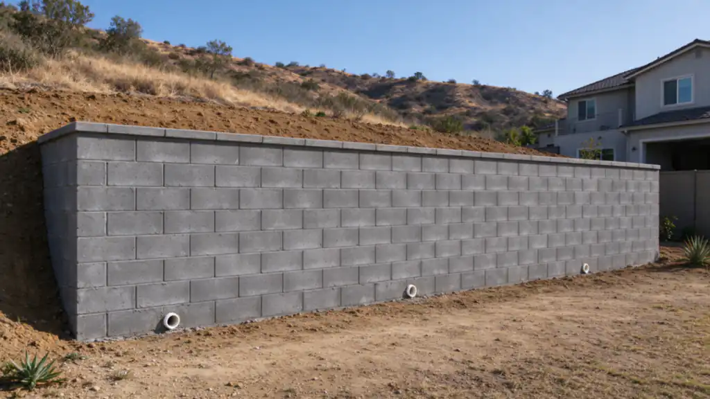 Gray block retaining wall with three drain outlets at its base holding the back slope of a Rancho Penasquitos tract home