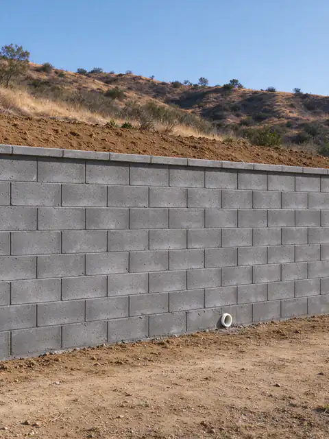 Gray block retaining wall with three drain outlets at its base holding the back slope of a Rancho Penasquitos tract home