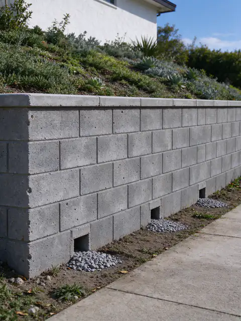 Grouted gray concrete block retaining wall with a smooth cap and weep openings along its base on a sloped San Diego front yard