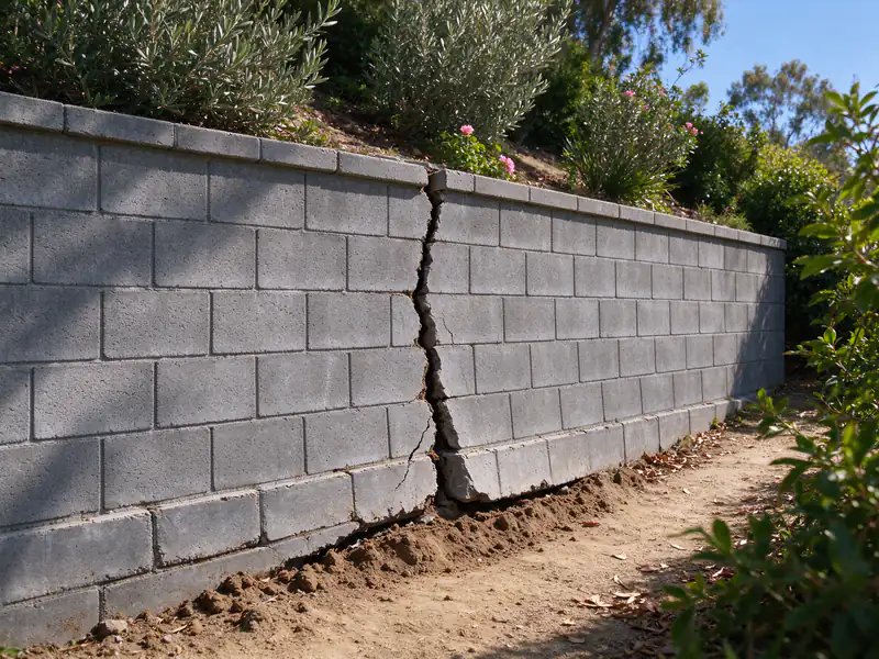 Leaning concrete block retaining wall with a rotated base and a wide crack running from its footing to its cap