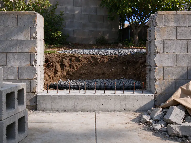 Length of block retaining wall taken down to its footing, with gravel and perforated drain pipe exposed behind it