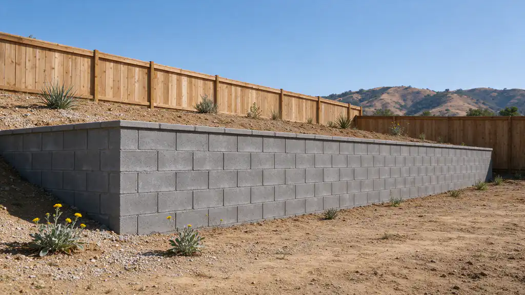 Masonry block retaining wall about four and a half feet tall along a side property line in a Santee backyard