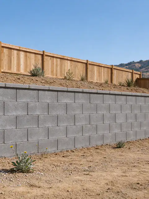 Masonry block retaining wall about four and a half feet tall along a side property line in a Santee backyard