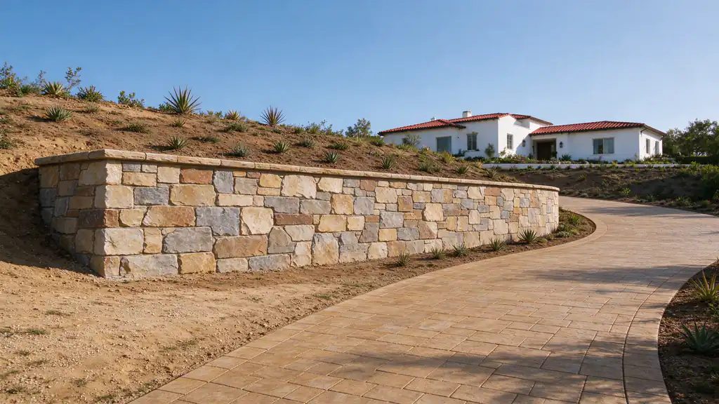 Natural stone-veneer retaining wall curving along a long estate driveway on a Rancho Santa Fe lot