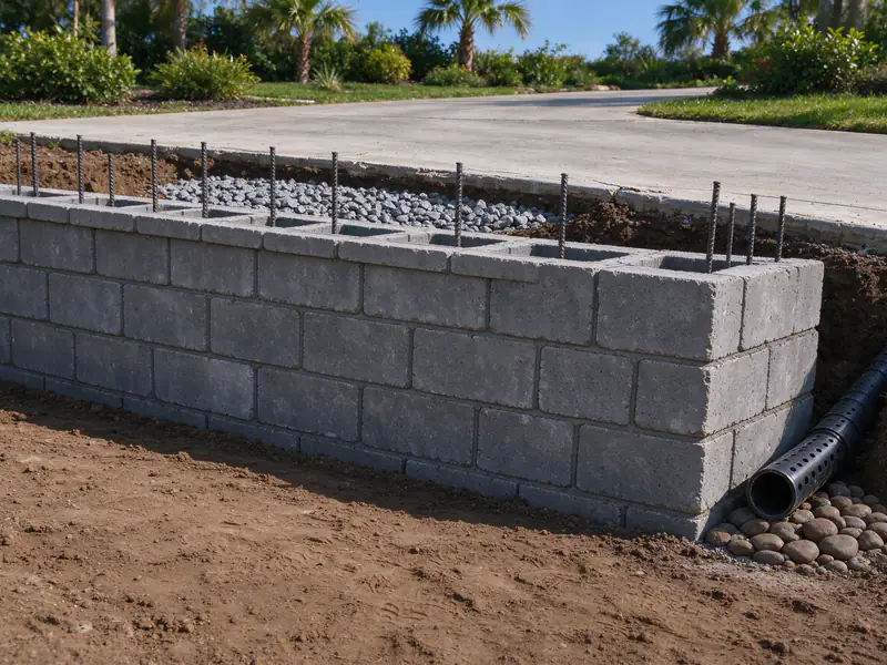 New block wall below a driveway, with rebar standing in the block cells, drain gravel behind it and a perforated drain pipe at its end