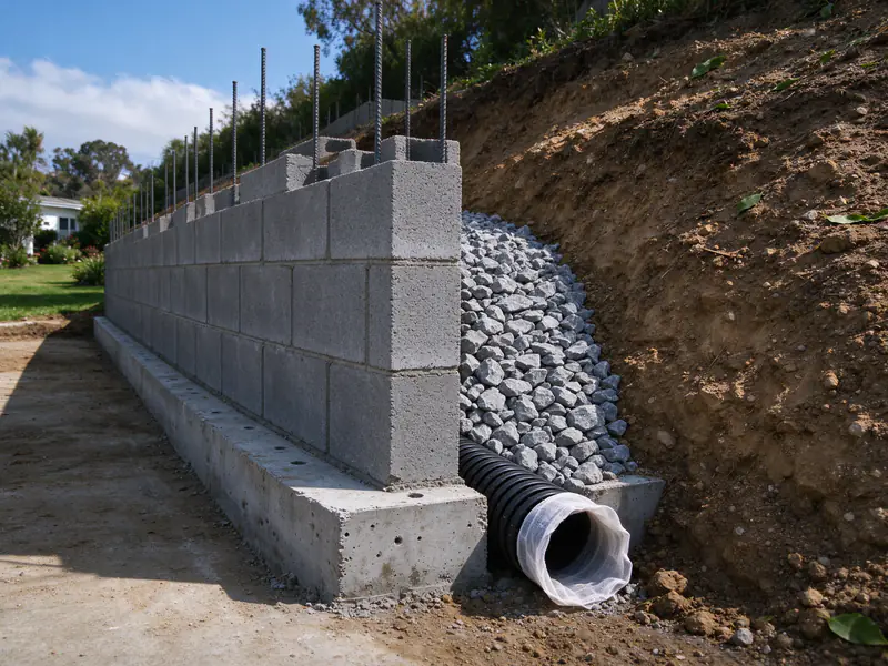 New block wall on its footing with rebar standing in the cells, drain gravel behind it and a perforated drain pipe in a filter sock