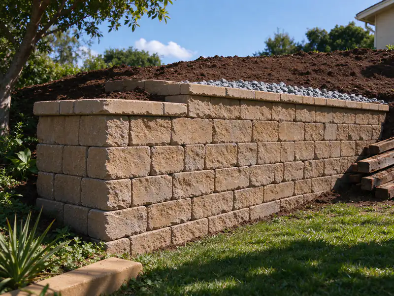 New segmental block wall built where a timber wall stood, with drain gravel along its top edge