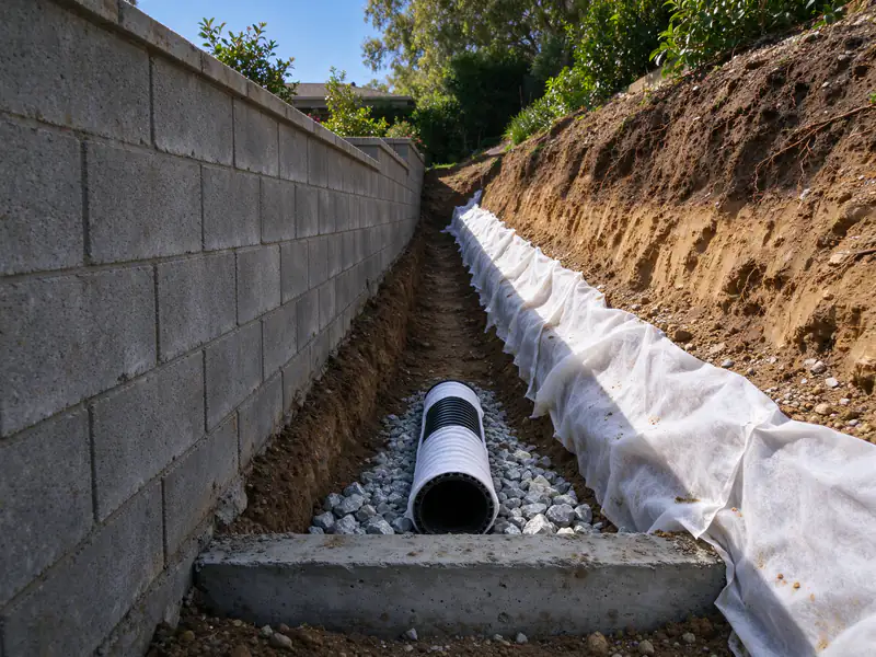 Perforated drain pipe in a filter sock laid on gravel at the base of a trench behind a wall
