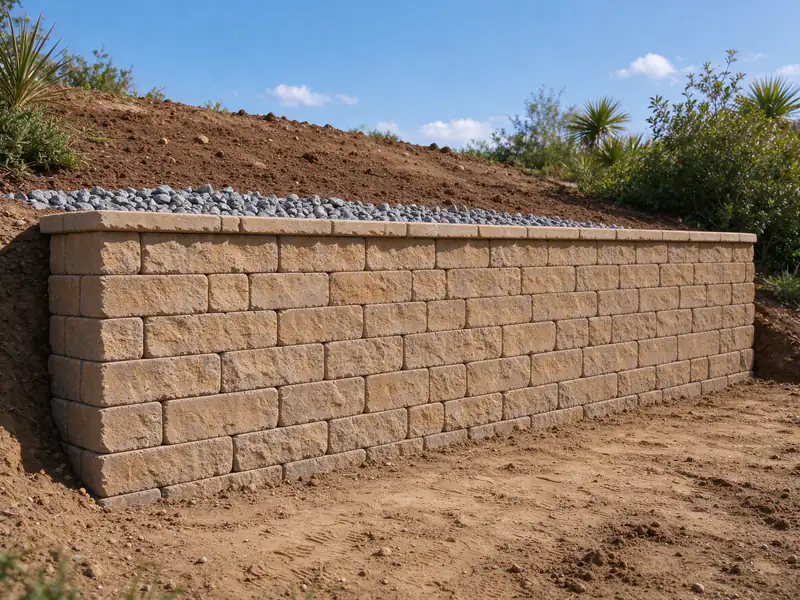 Relaid segmental block wall with a new cap and clean drainage gravel along its top edge