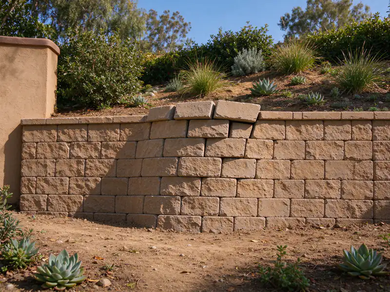 Segmental block retaining wall with a bulging middle section and displaced top courses