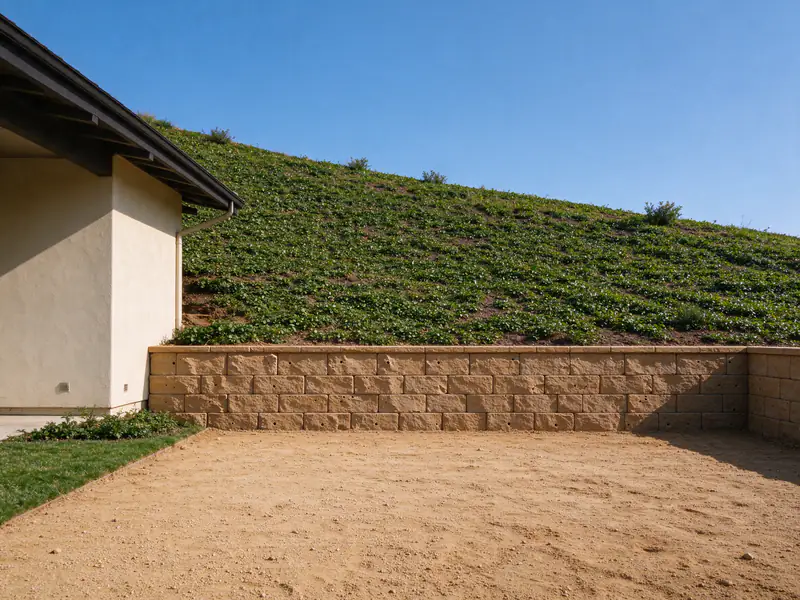 Short segmental block wall at the toe of a steep planted slope behind a San Diego house, with the slope above not yet terraced
