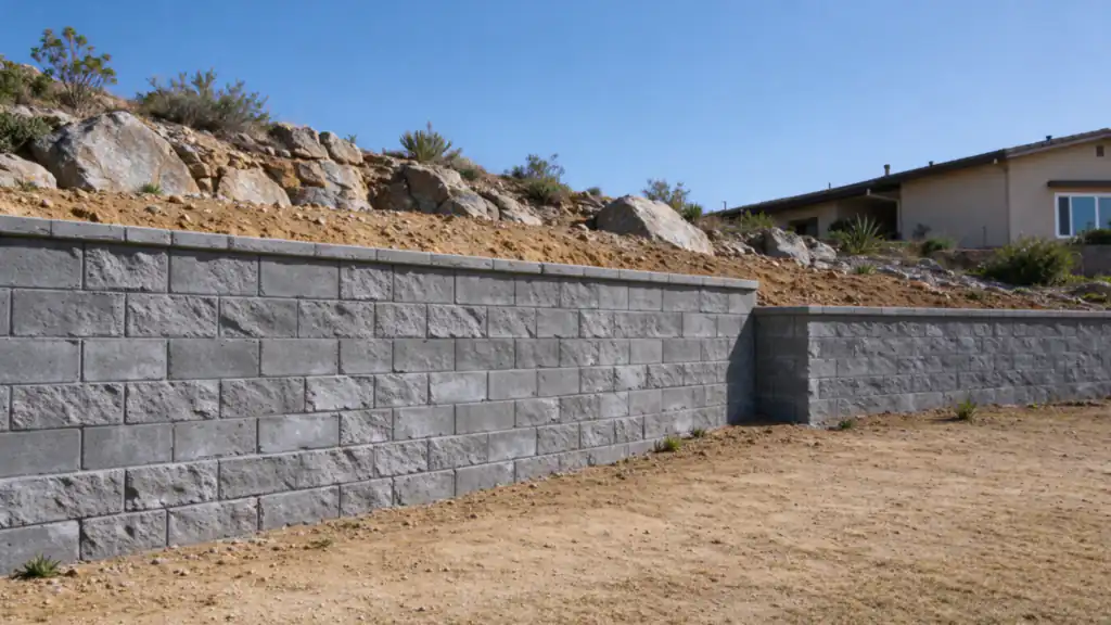 Split-face block retaining wall with a corner step holding a backyard cut into a rocky slope in San Carlos