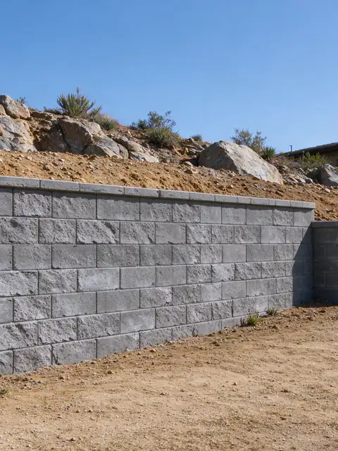 Split-face block retaining wall with a corner step holding a backyard cut into a rocky slope in San Carlos