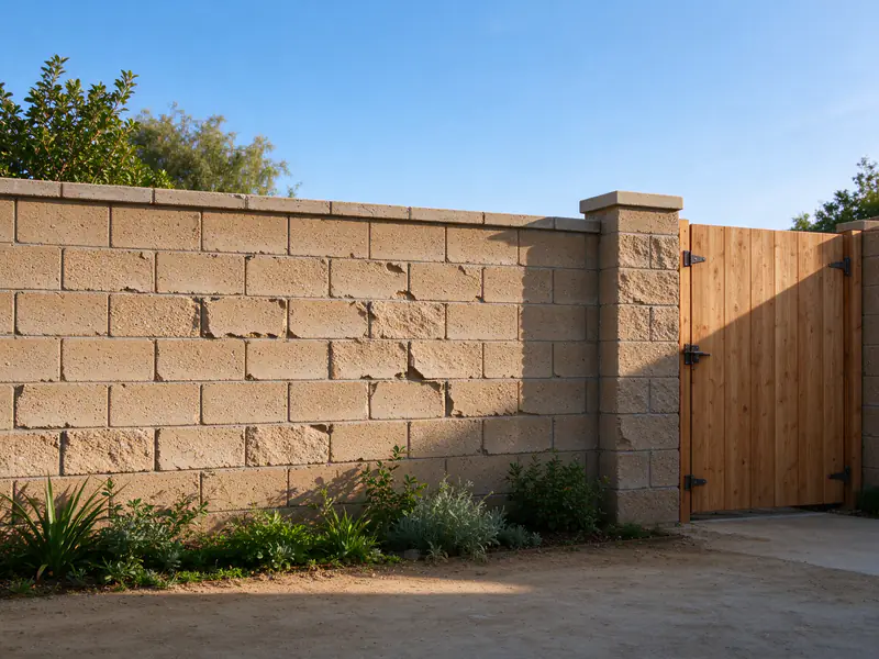 Split-face concrete block wall along a rear property line, with a flat cap and a gate pilaster at one end