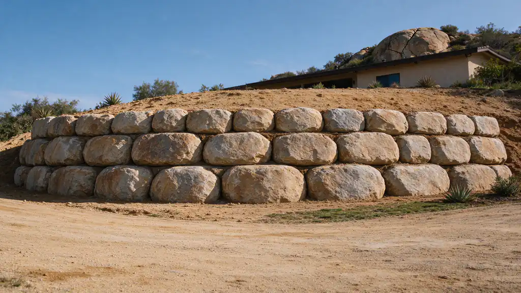 Stacked granite boulder retaining wall holding a decomposed granite slope below a Poway house, with rock outcrops on the hill above