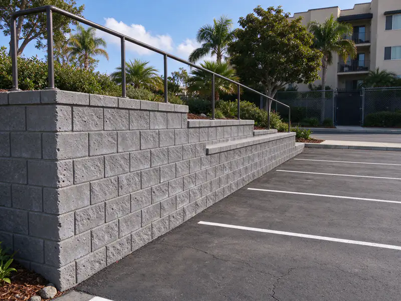 Stepped concrete block retaining wall along the edge of an apartment parking lot, with a metal guard on top