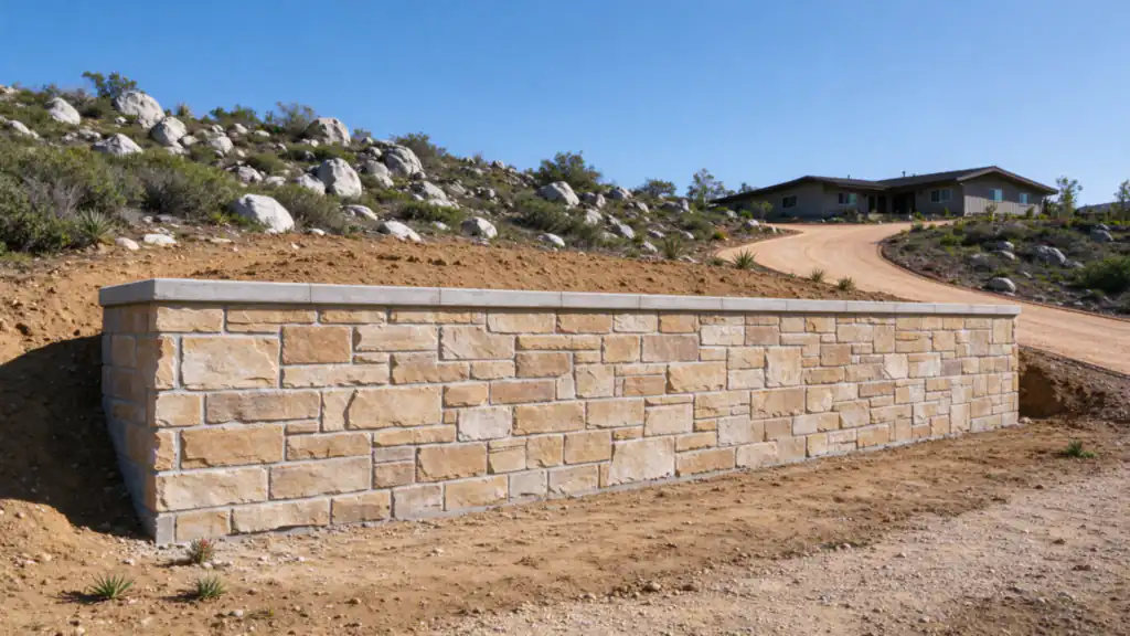 Stone-veneer retaining wall holding a cut in a boulder-strewn slope beside a driveway in Alpine