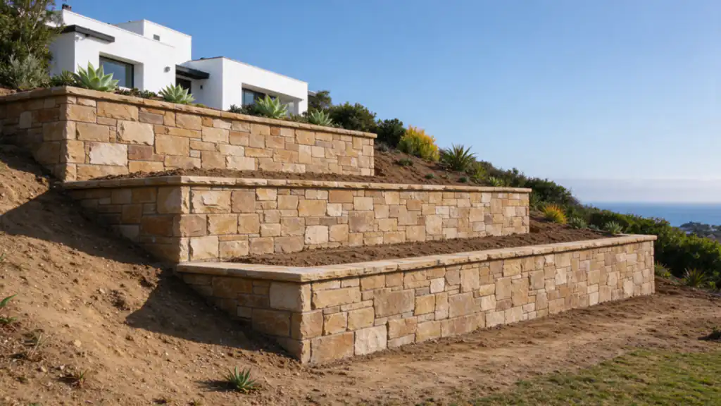 Stone-veneer retaining walls terracing a steep La Jolla hillside lot below a white stucco house, with the ocean far off in the haze