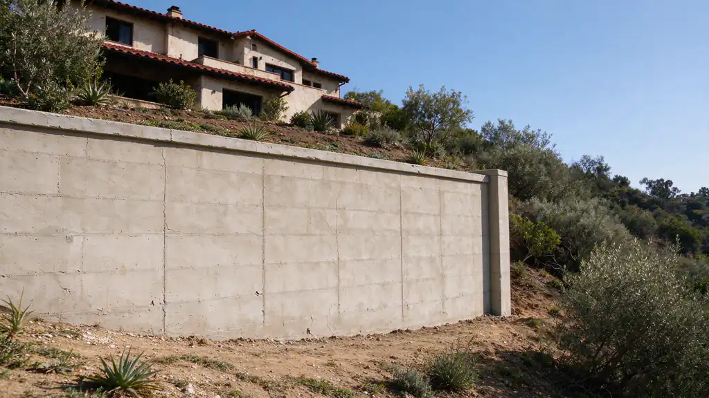 Stucco-finished block retaining wall below an older home at the edge of a Mission Hills canyon