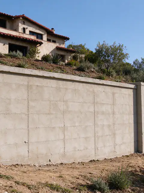 Stucco-finished block retaining wall below an older home at the edge of a Mission Hills canyon