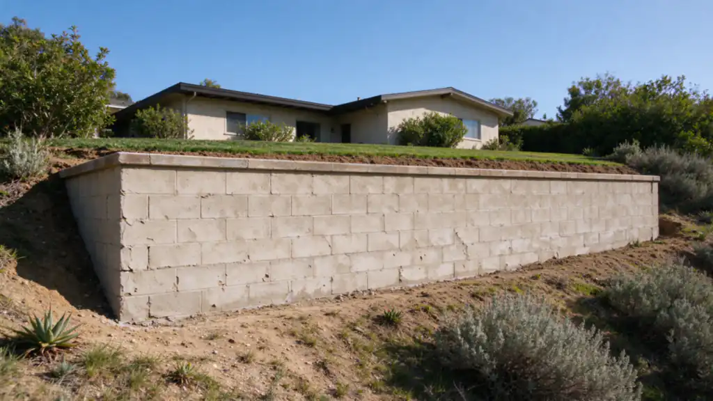 Stucco-finished block retaining wall holding a level Clairemont backyard at the rim of a brushy canyon