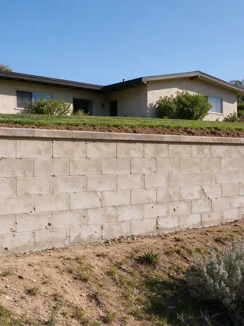 Stucco-finished block retaining wall holding a level Clairemont backyard at the rim of a brushy canyon