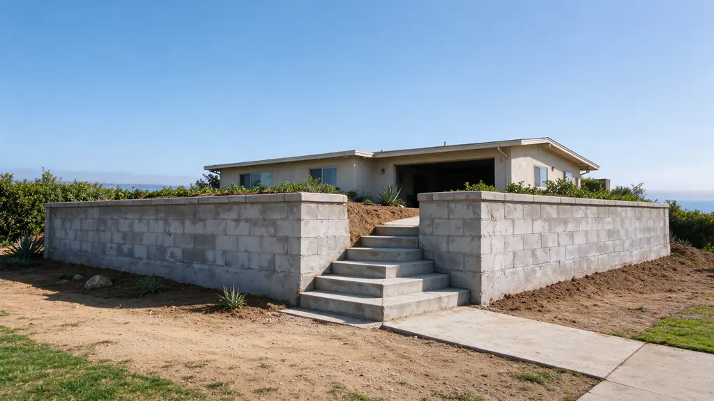 Stucco-finished block retaining wall turning a corner beside concrete front steps on a sloped Point Loma lot, with the bay far off in the haze