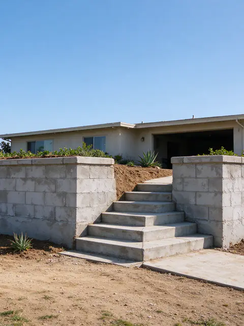 Stucco-finished block retaining wall turning a corner beside concrete front steps on a sloped Point Loma lot, with the bay far off in the haze