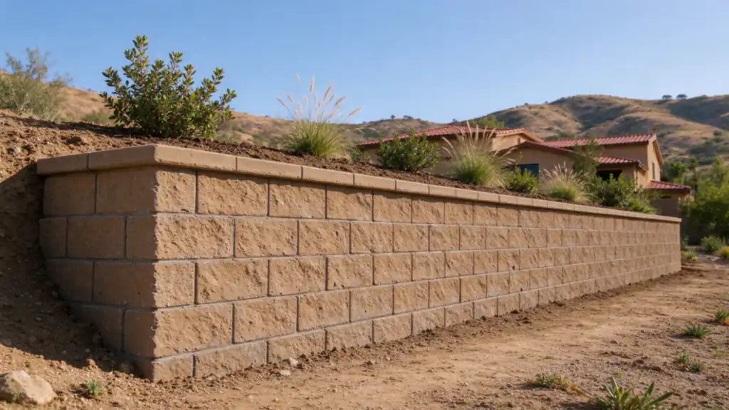 Tan split-face block retaining wall with drought-tolerant planting along its top behind a Rancho Bernardo home