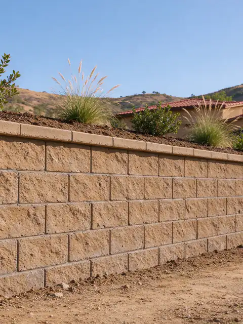 Tan split-face block retaining wall with drought-tolerant planting along its top behind a Rancho Bernardo home