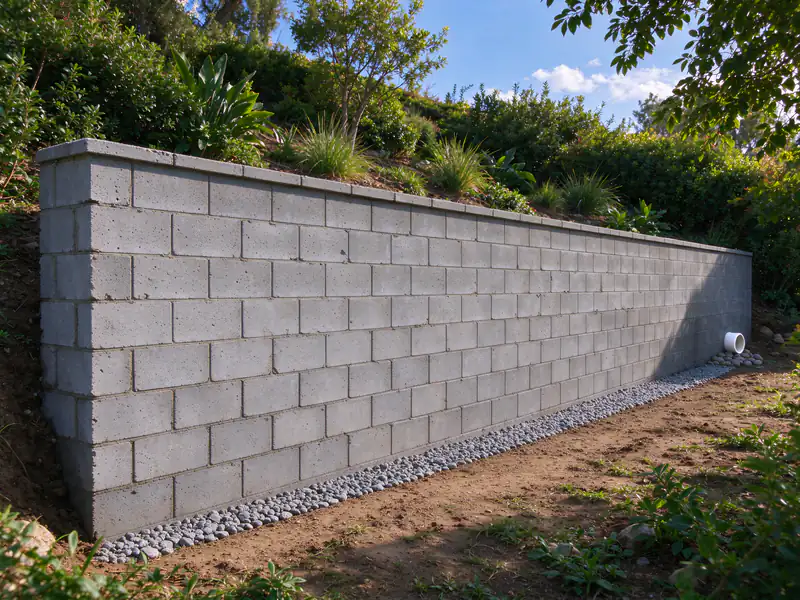 The same retaining wall dry along its base, with a new drain outlet visible at one end